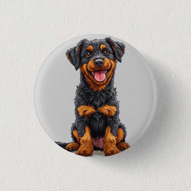 Glad illustration av en svart och tan hund knapp (Framsida)