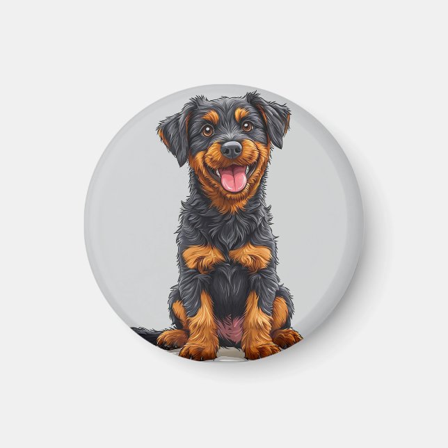 Glad illustration av en svart och tan hund magnet (Framsidan)