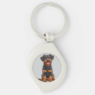 Glad illustration av en svart och tan hund swirl silverfärgad nyckelring