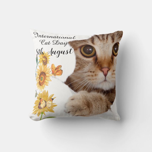 Glad Internationella Kattdagen Orange Tabby Solros Kudde (Framsida)