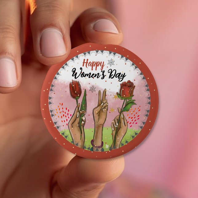 Glad Internationella Kvinnodagen Röda Knappen Händ Knapp (Happy Women's Day Red Button Hands Holding Tulips)