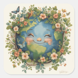 Glad jord Clipart – Glad planet med blommor Fyrkantigt Klistermärke