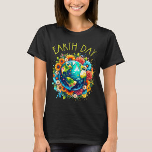 Glad jordens dag T-shirt Söt jord med blomjord