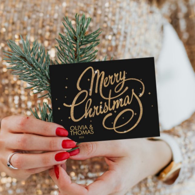 Glad jul 2023 i fet svart guld helg vykort (Merry Christmas Elegant Black & Gold Script Holiday Postcard, Modern Minimalist Christmas Cards)