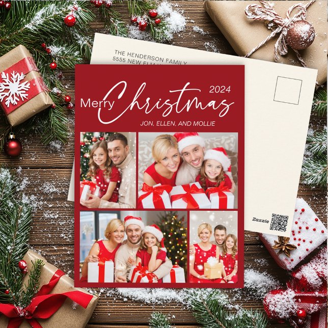 Glad jul 4 Foto Högtid Vykort (Elegant red 4-photo Christmas greeting postcard.)