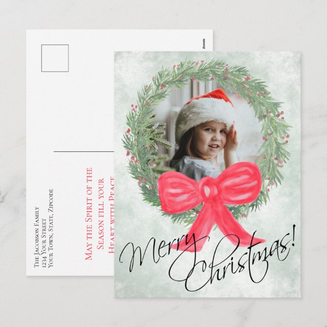 Glad jul akvarell krans fotoram helg vykort (Fram/baksida)