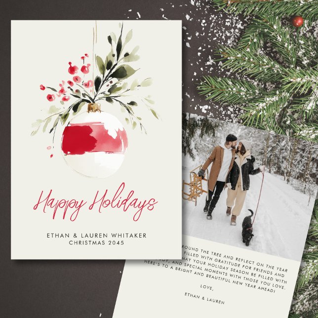 Glad Jul Akvarell Ornament Jul Foto Julkort (Personalize your message for a warm holiday touch.)