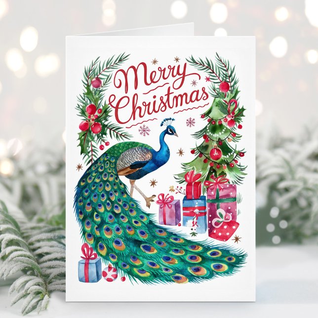 Glad jul akvarell påfågel julkort helgkort (Skapare uppladdad)