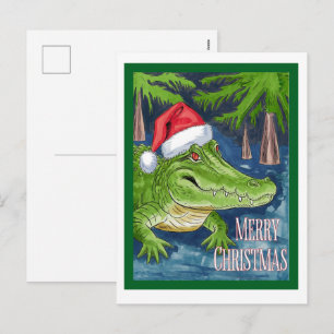 Glad jul Alligator med tomtens mössa Helg Vykort