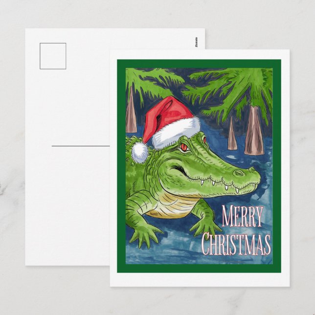 Glad jul Alligator med tomtens mössa Helg Vykort (Fram/baksida)