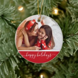 Glad jul anpassad modern röd monogram med foto julgransprydnad keramik