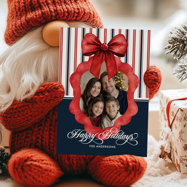 Glad jul Båge & Ränder Familjefoto Julkort (Skapare uppladdad)
