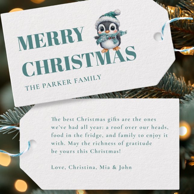 GLAD JUL! Bedårande pingvin med tomtelucka Presentetikett (MERRY CHRISTMAS! Adorable, Penguin With Santa Hat, Gift Tags. Personalized with your name & text.)