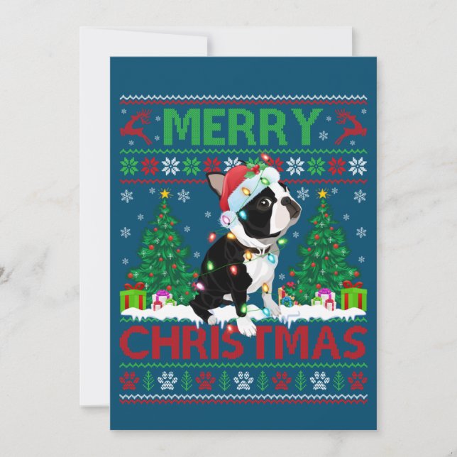 Glad jul Belysning Ful Boston Terrier Jul Inbjudningar (Framsida)