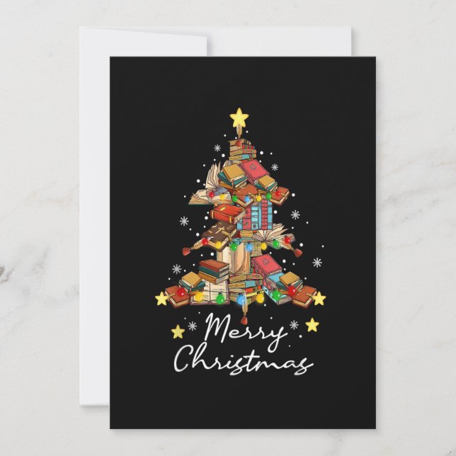 Glad jul Bibliotek Träd Bok Läsning Älskare Li Inbjudningar (Framsida)