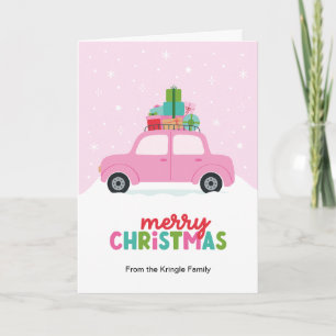 Glad Jul Bil med julklappar i rosa Helgkort