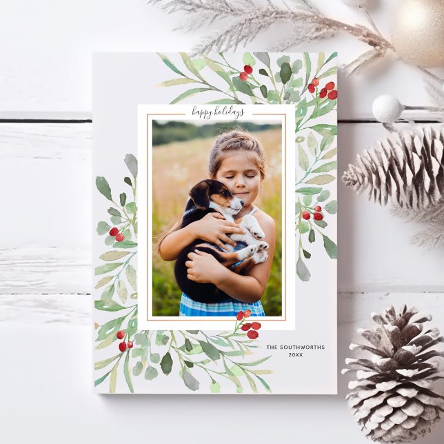 Glad jul bild Grön lövverk Röda bär Julkort (Skapare uppladdad)