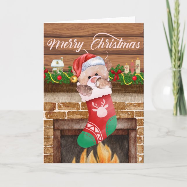 Glad jul Björn Strumpa Eldstad Mantel  Helgkort (Framsida)