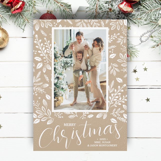 Glad jul Botanics på Taupe Foto Julkort (White botanicals on taupe Merry Christmas photo holiday cards, PRINTED and/or INSTANT DOWNLOAD)