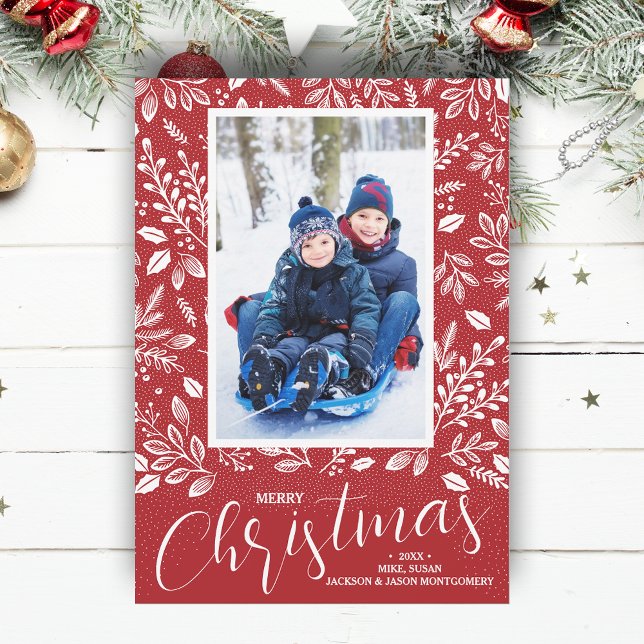 Glad jul Botanik på röd foto Julkort (White botanicals on red Merry Christmas photo holiday cards, PRINTED and/or INSTANT DOWNLOAD)