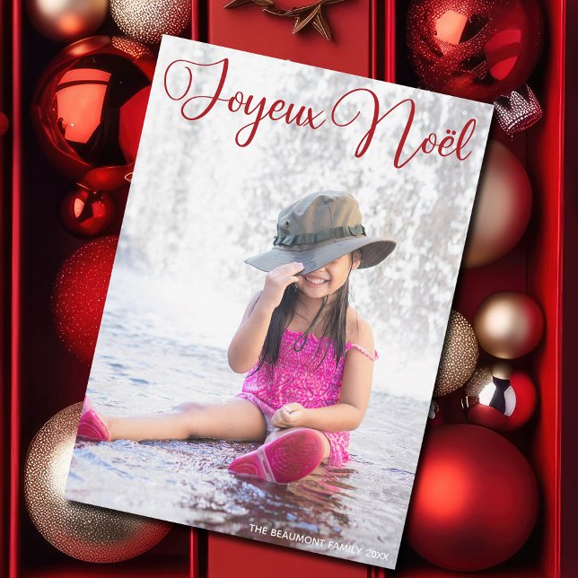 Glad jul Chic röd skrift Fransk familjefoto Julkort (Skapare uppladdad)