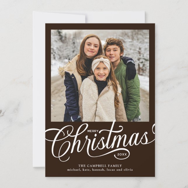Glad jul Choklad Brun Script Foto Julkort (Framsida)