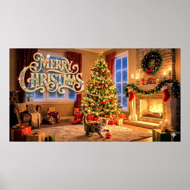 Glad jul Dekorativ konst med kattunge #2 Poster (Framsidan)