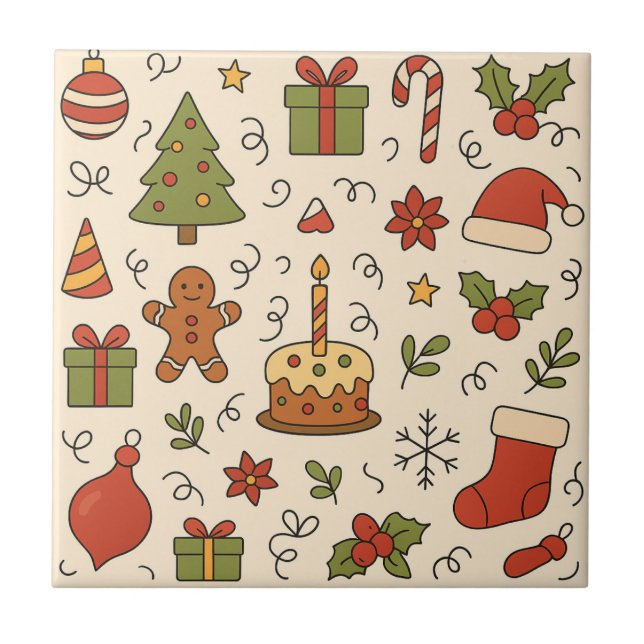 Glad jul Doodle-mönster Kakelplatta (Framsidan)