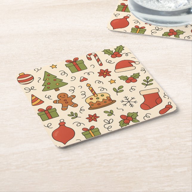 Glad jul Doodle-mönster Underlägg Papper Kvadrat (Vinklad)