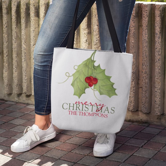 Glad jul Ekblad Släkten Högtid Tygkasse (Christmas holly leaves tote bag with red berries and Merry Christmas family name holiday design.)