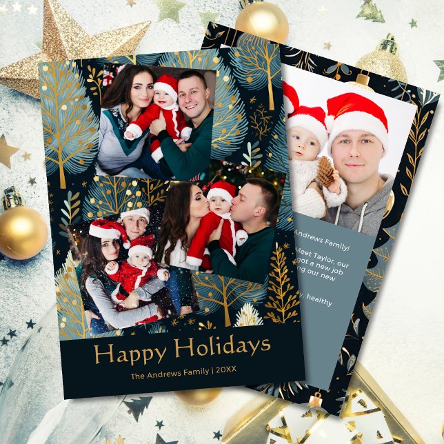 Glad jul elegant 4 foto guldgrön julkort (Happy Holidays 4 Photo Gold Green Trees Ornaments Christmas Card with 3 Photos on Front, 1 on Back.)