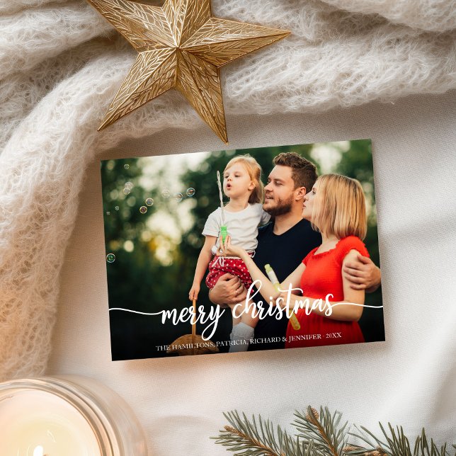 Glad jul Elegant vit skript Foto Högtid Vykort (Skapare uppladdad)