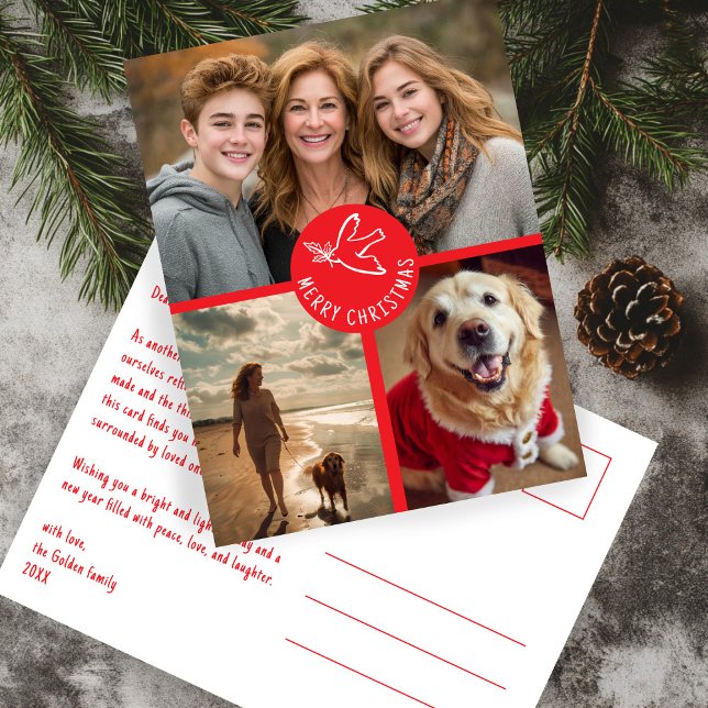 GLAD JUL Enkel DUVA SPECIAL 3 FOTO Högtid Vykort (MERRY CHRISTMAS Simple Dove CUSTOM 3 PHOTO red Holiday Postcard
)