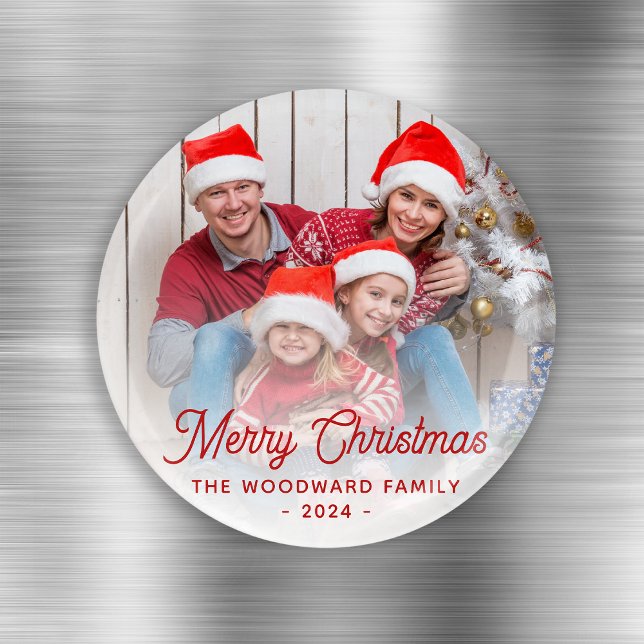Glad jul familjefoto röd handskrift magnet (Skapare uppladdad)