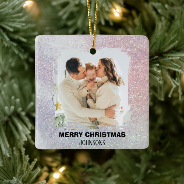 Glad jul familjefoto Rosa Glitter Ornament (Träd)