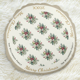 Glad jul Festlig högtid Vattenfärg Blommor Rund Kudde