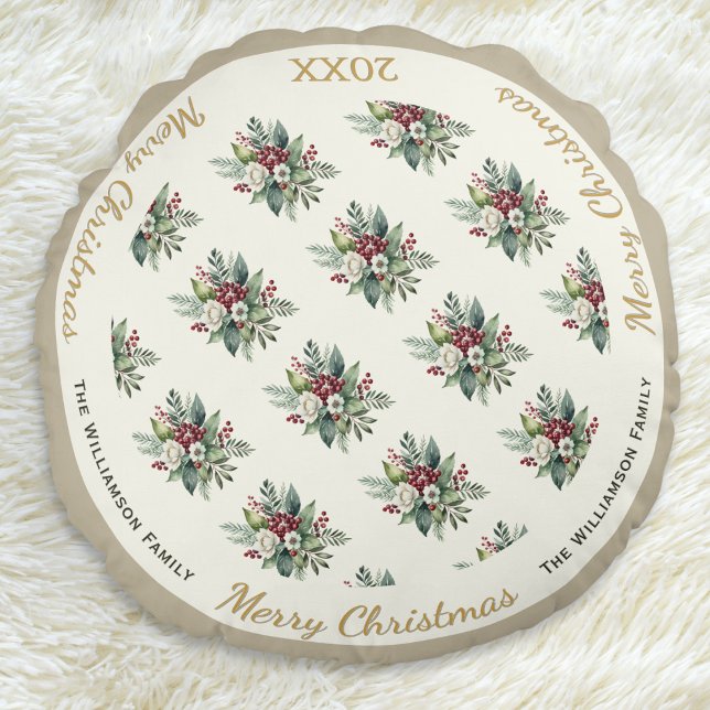 Glad jul Festlig högtid Vattenfärg Blommor Rund Kudde (An elegant round pillow with 'Merry Christmas' words, floral pattern and customizable name and year)
