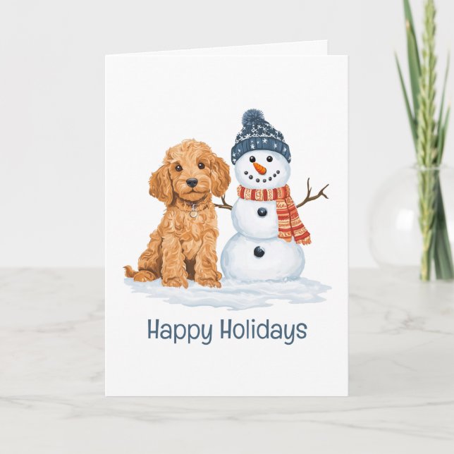 Glad jul firande Winter Goldendoodle Hund Snemanne Kort (Framsida)