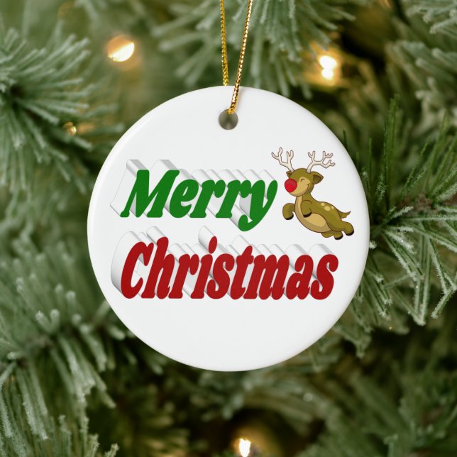 Glad jul flygande renar typografi  julgransprydnad keramik (Träd)