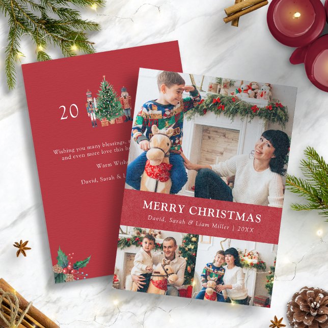 Glad jul Foto Collage Högtidskort Julkort (Nutcracker Merry Christmas Photo Collage Holiday Card)