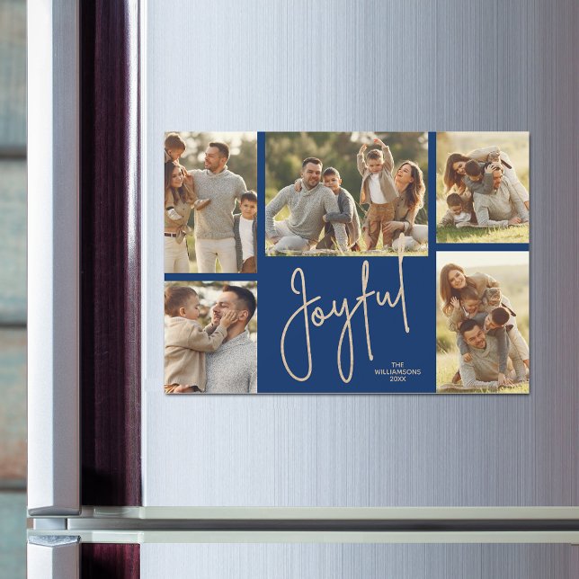 GLAD JUL Foto Collage Magnetiska Kort (JOYFUL on blue Christmas photo collage holiday magnetic cards)