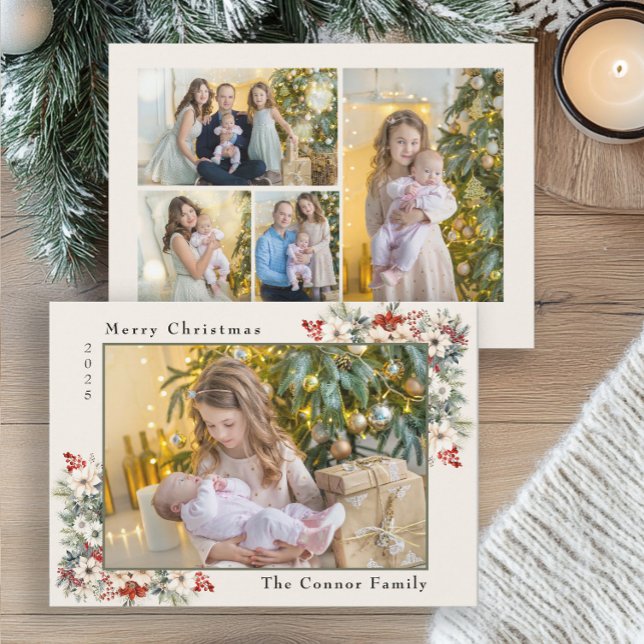 Glad jul Foto Collage Poinsettia  Julkort (Christmas flowers 5-photo holiday greeting card)
