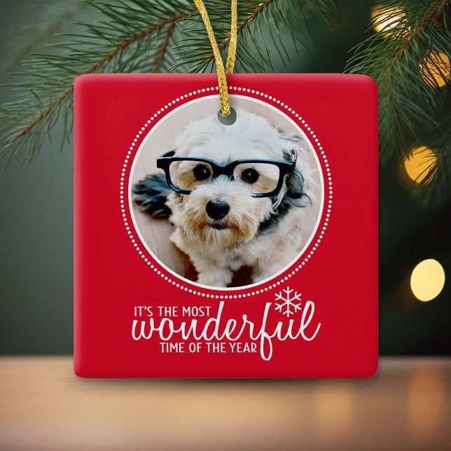 Glad jul Foto Grattiskort Röd Underbar Julgransprydnad Keramik (Photo Christmas Ornament)