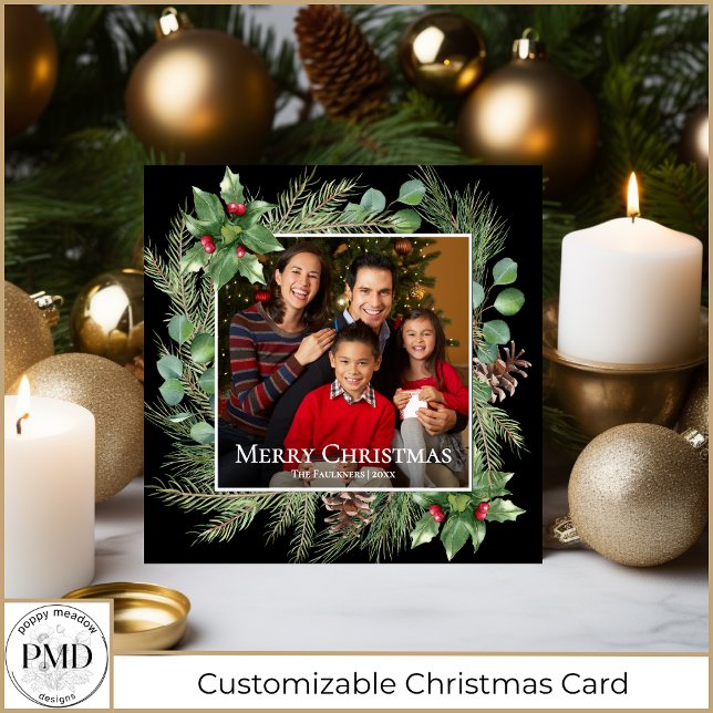Glad jul Foto Krans Botanisk Fyrkantig Kort (Merry Christmas Family Photo Wreath Botanical Square Christmas Card with Optional Text on Back.)