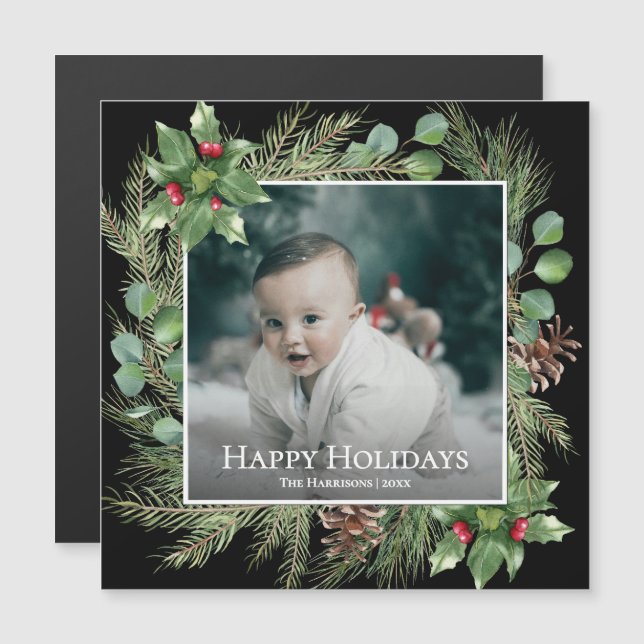 Glad Jul Foto Krans Grönska Magnetisk Kort (Fram/baksida)