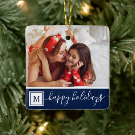 Glad jul foto Modern Navyblå Monogram Julgransprydnad Keramik