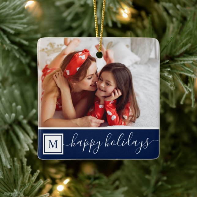 Glad jul foto Modern Navyblå Monogram Julgransprydnad Keramik (Träd)