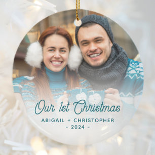Glad jul Foto Nygifta Turkos Skrift Julgransprydnad Keramik