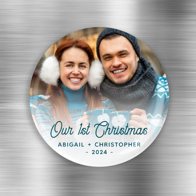 Glad jul Foto Nygifta Turkos Skrift Magnet (Skapare uppladdad)