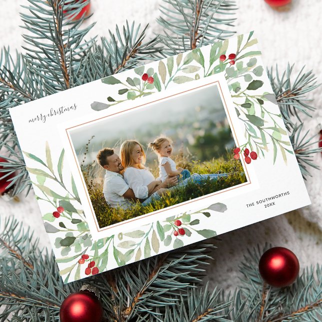 Glad jul Foto Vinterlövverk Röda bär Julkort (Skapare uppladdad)